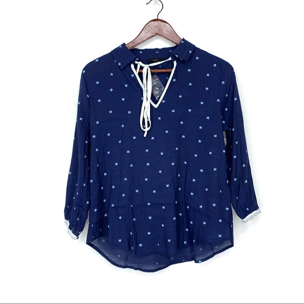 Cat Print Long Sleeve Popover Sheer Blouse Tied V-Neck Navy Blue & White New